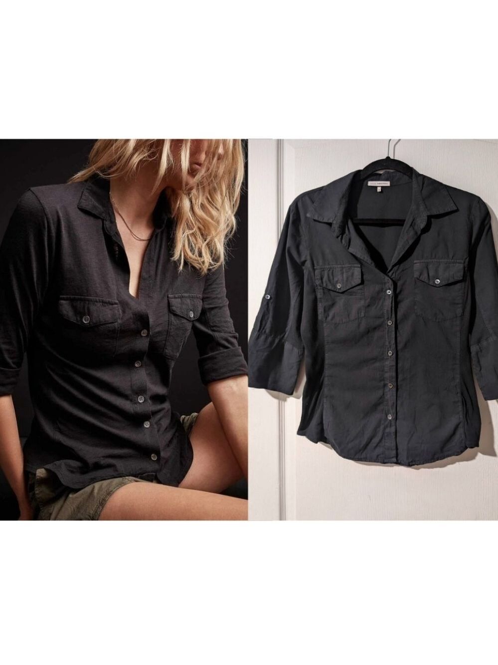 James Perse Standard | Black Button Down Shirt Ribbed Side Panels Size 4 (XL)